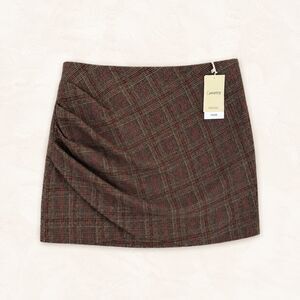 Mango MNG NWT Brown Plaid Wool Blend Faux Wrap Mini Skirt L Preppy Dark Academia